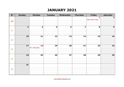 2021 Full Calendar With Spaces Calendar Template Printable