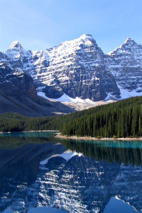 Snow Capped Mountain Tops And A Lake In Banff National Park Canada