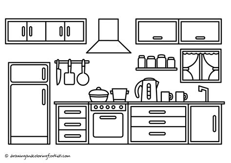 Coloring Page Kitchen | Drawing Kitchen Cabinets | Kitchen Coloring