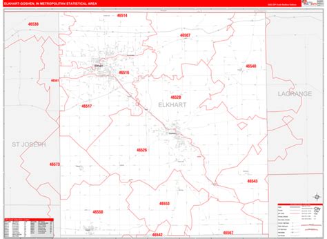 Elkhart Goshen In Metro Area Zip Code Wall Map Red Line Style By