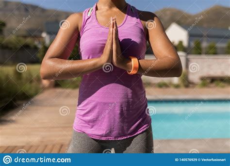 Woman Performing Yoga In The Backyard Of Home Stock Image Image Of Pool Meditating