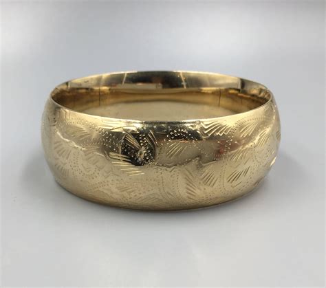Wide 14k Gold Engraved Hinged Bangle Bracelet