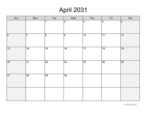 April 2031 Calendar With Weekend Shaded