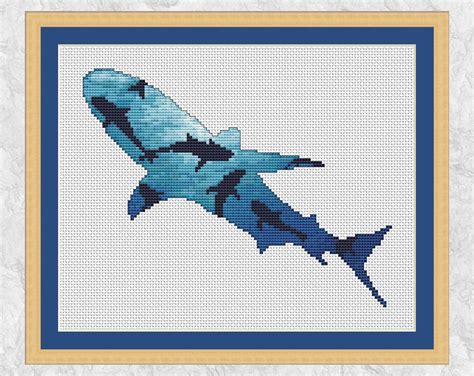 They are used primarily for counted thread work (cross stitch, blackwork) and needlepoint, or any needlework on fabric or canvas that has open holes that determine where each stitch is placed. Shark cross stitch pattern modern ocean counted cross ...