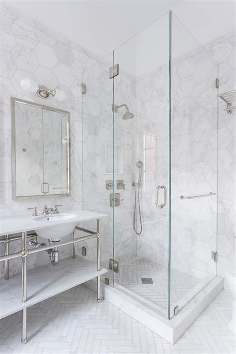 Master Bathroom With Large White Marble Hexagon Wall Tiles