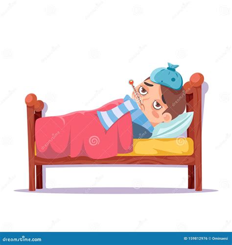Sick Boy Lying In Bed Ill Cold Flu Disease Illness Virus Cartoon Male