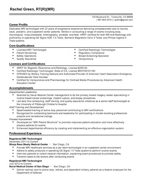 registered mri technologist resume example