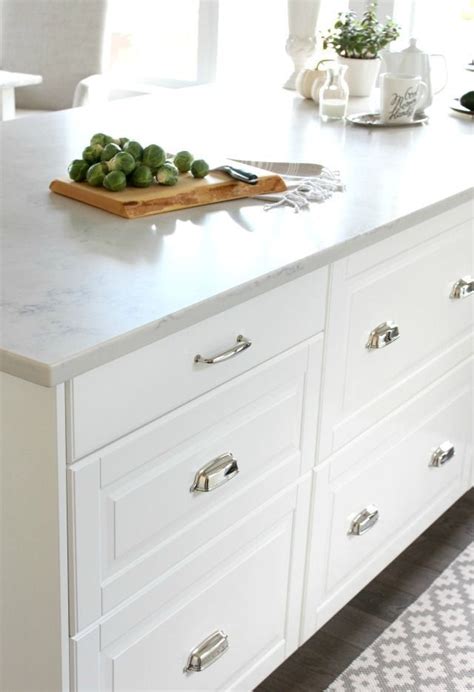 Bodbyn White Ikea Kitchen Island Drawers With Polished Nickel Cup Pulls