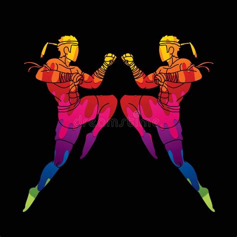 Muay Thai Action Thai Boxing Jumping To Attack Cartoon Graphic Vector