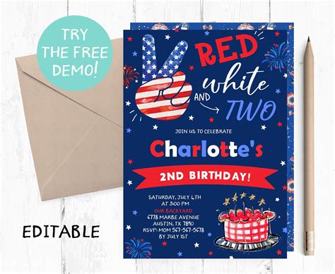 Editable Red White And Any Age Invitation 4th Of July Etsy Boy