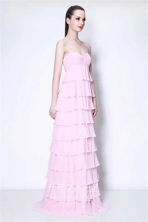 Baby Pink Chiffon Ruffled Tiered Full A Line Stylish Prom Dress