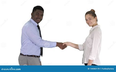 Handshake Of Business Woman And Business Man Posing For The Picture On