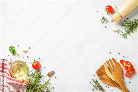 Ingredients For Cooking Food Background With Herbs And Vegetables Top