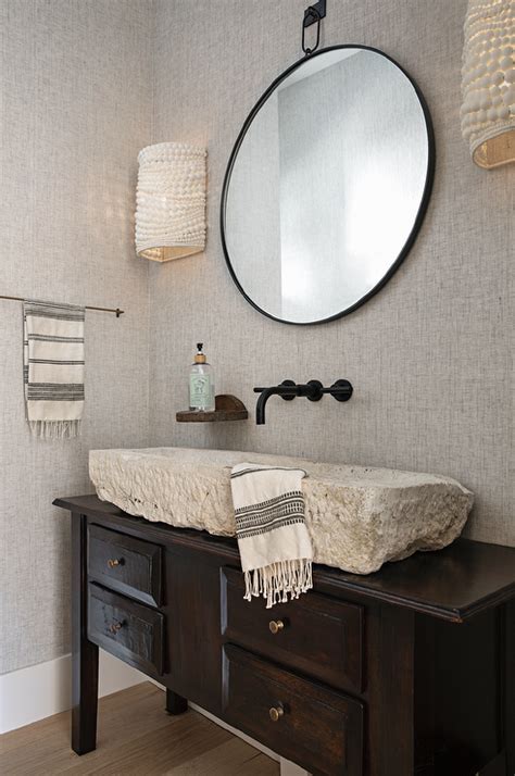 Powder Room With Large Rustic Stone Vessel Sink Transitional Bathroom