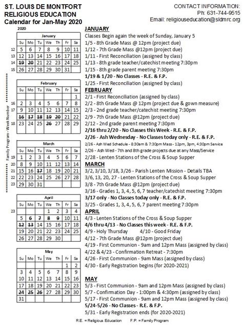 Religious Education Calendar January May 2020