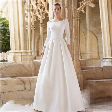 Simple And Elegant Wedding Dresses Boat Neck Three Quarter Sleeve A