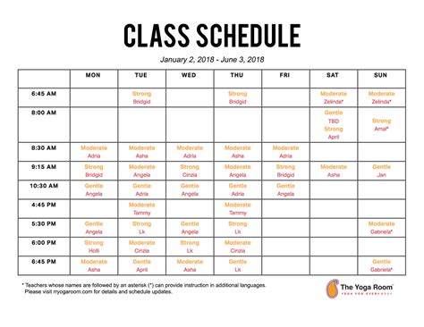 2018 class schedule — the yoga room