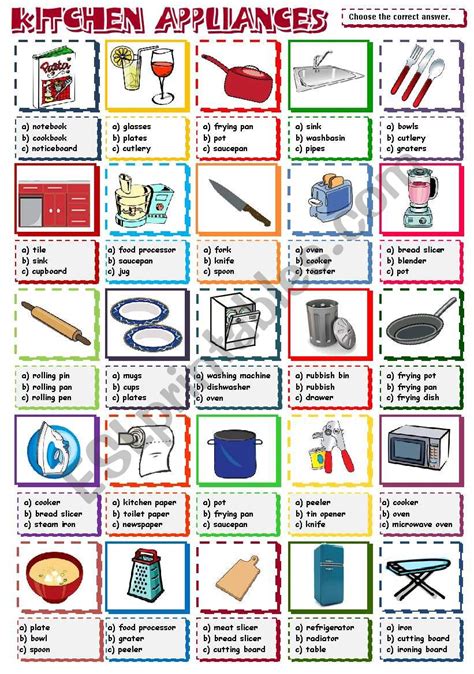 English Worksheets Kitchen Appliances Multiple Choice Bandw Included