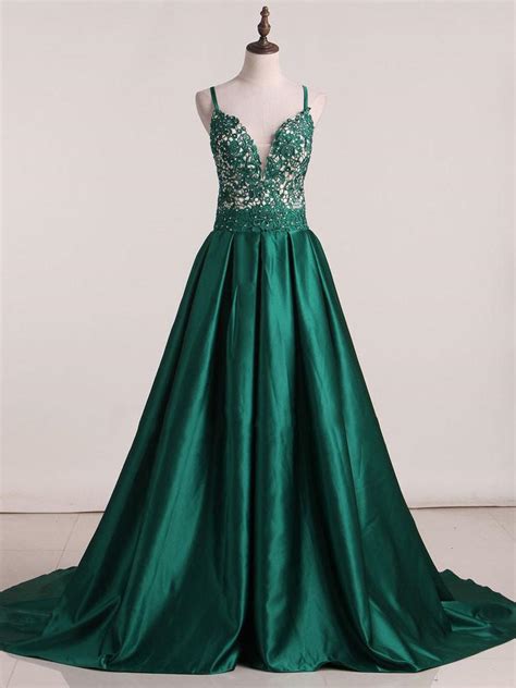 Dark green bridesmaids dresses and forest green bridesmaid dresses will make your white dress pop in your wedding photos. 2018 A-line Prom Dresses Long Spaghetti Straps Dark Green ...