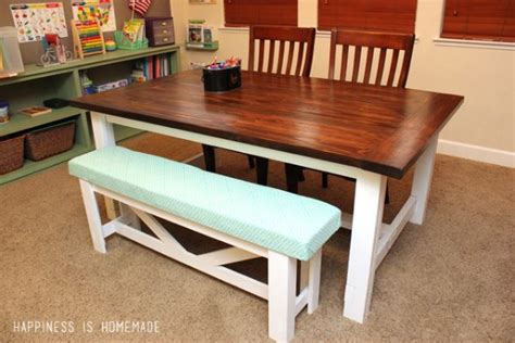 For the table seating, we built these counter height tables made of 4x4s and 2x4s. 40 DIY Farmhouse Table Plans & Ideas for Your Dining Room (Free)