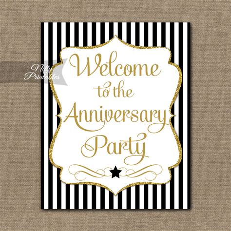 Anniversary Welcome Sign Black Gold Stripe Nifty Printables