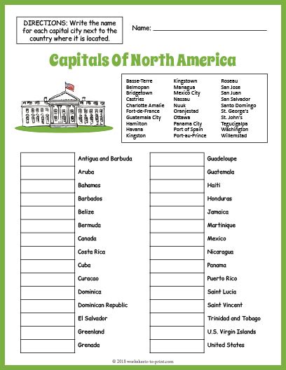 capitals  north america geography worksheet