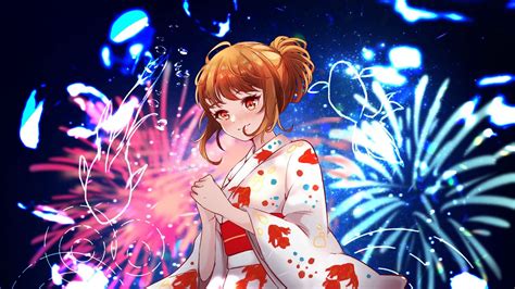 Download Wallpaper 1920x1080 Girl Kimono Fireworks Sparks Anime