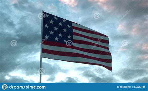 Usa Flag Waving Isolated On Dramatic Sky Close Up Of United States Of