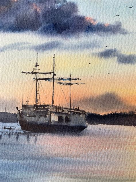 Watercolor Painting Original Anchored Sailing Ship Etsy