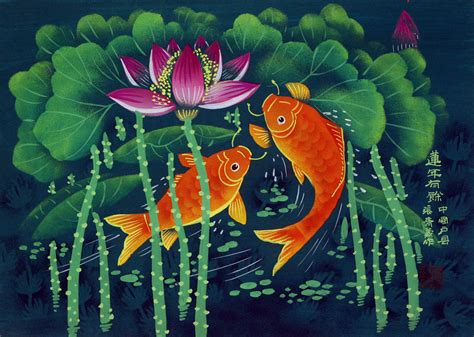 Koi Fish And Lotus Flowers Chinese Folk Art Painting South Chinese