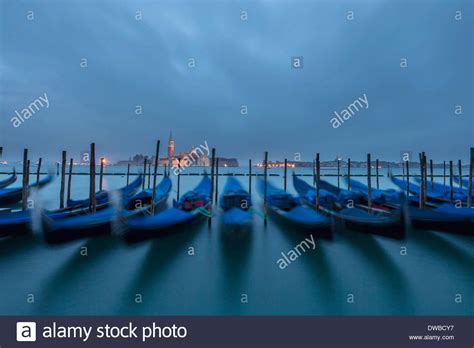 Italy Venice Gondolas At San Giorgio Maggiore At Night Stock Photo