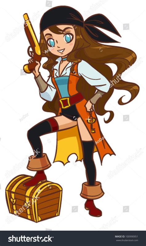 Cartoon Pirate Girl With Powder Gun And Treasure Chest Stock Vector Illustration 100990951
