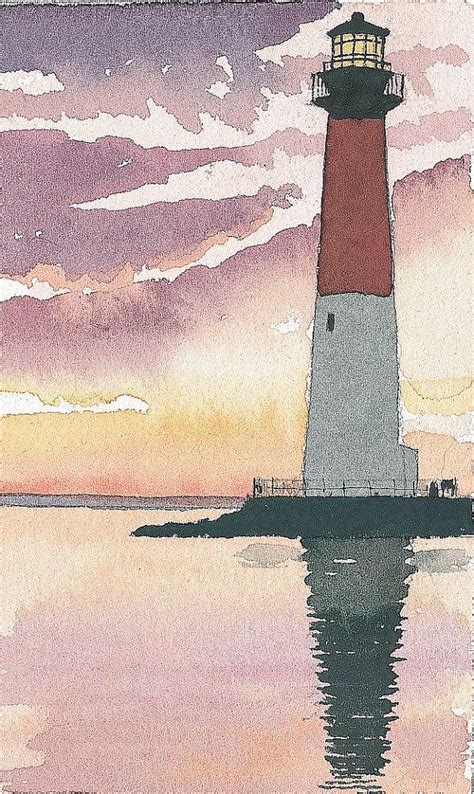 A Watercolor Painting Of A Lighthouse At Sunset