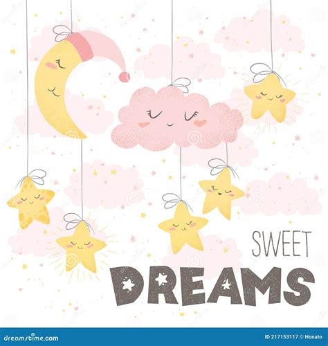 Vector Illustration With Cute Hand Drawn Cartoon Clouds Moon Stars