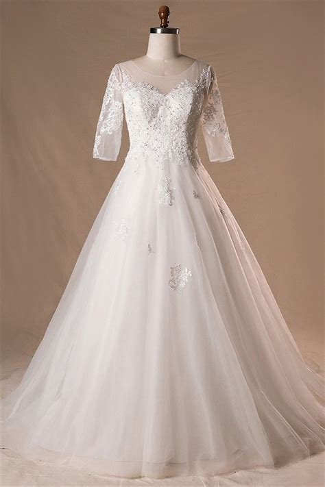 Ball Gown Illusion Neckline Lace Tulle Plus Size Wedding Dress With Sleeves