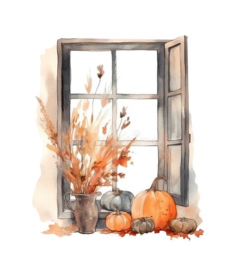 Watercolor Autumn Window With Dried Leaves And Pumpkins Countryside
