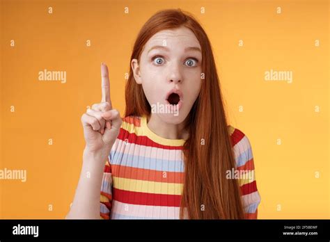 Wow Got Excellent Idea Excited Shocked Redhead Girl Open Mouth Raise Index Finger Eureka