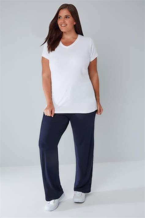 Navy Wide Leg Pull On Stretch Jersey Yoga Trousers Plus Size 16 To 36