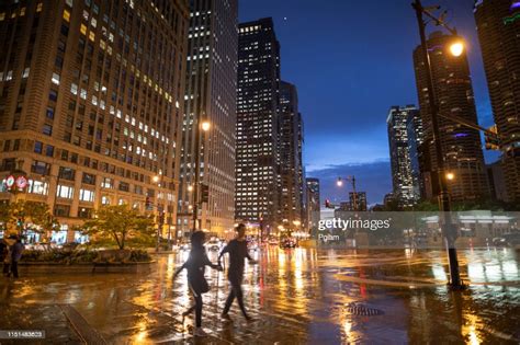 Downtown Chicago Illinois City Street At Night High Res Stock Photo