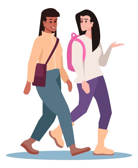 Meet Up Semi Flat Rgb Color Vector Illustration Female Friends Walking
