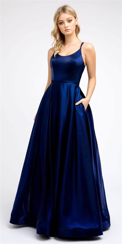 Strappy Back Navy Blue Long Prom Dress With Pockets In 2020 Prom