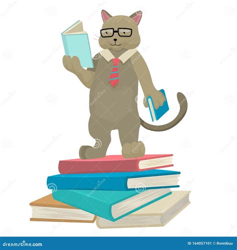 Cat Scientist Reads Books Librarian Cat Fairy Tale Character Vector