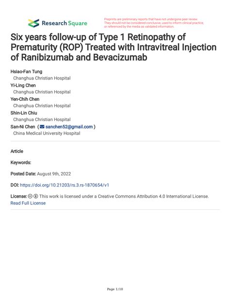 Pdf Six Years Follow Up Of Type 1 Retinopathy Of Prematurity Rop