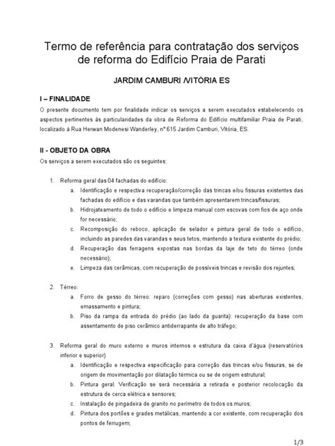 Termo Referência Para Contratação Serviços De Reforma Do Edpraia De Pa