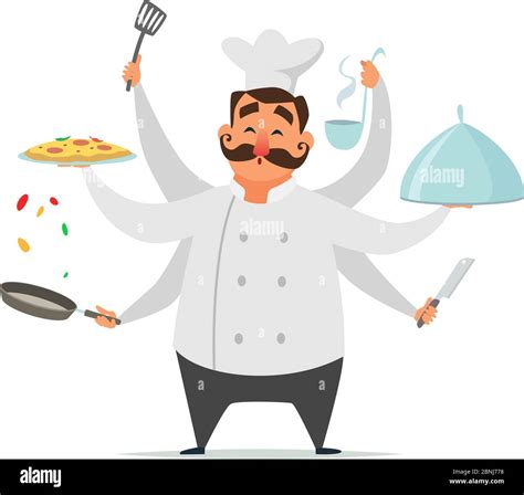 Multitasking Chef Cooking Vector Funny Character Isolate On White