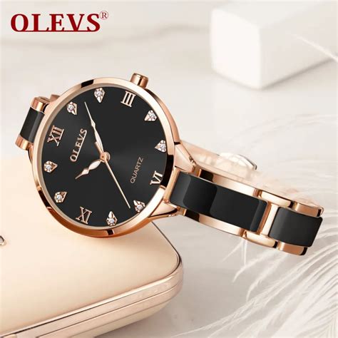 Olevs Ladies Ceramic Watches Lady Rose Gold Women Dress Watch Luminous