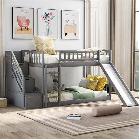 Buy Modern Twin Over Twin Bunk Bed With Convertible Slide And Stair And