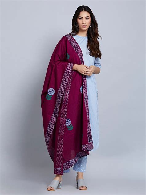 buy powder blue cotton kurta with hand block printed pants and purple dupatta set of 3 online a