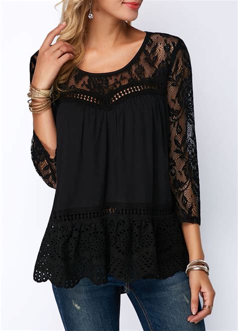 Curved Hem Black Lace Panel Blouse Ladies Blouse Designs Trendy Tops