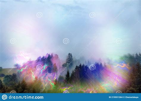View Of Mountain Forest And Flashing Lights Effect Migraine Aura